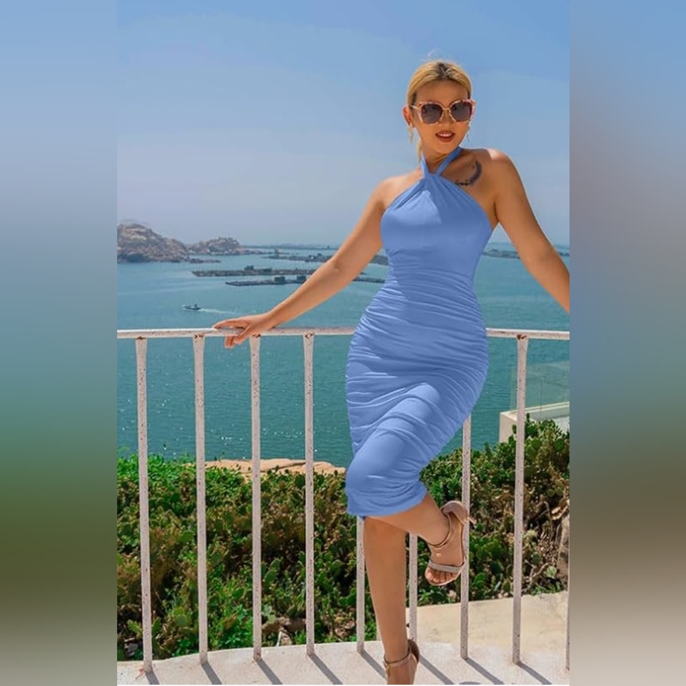 Elegant Blue Halter Dress